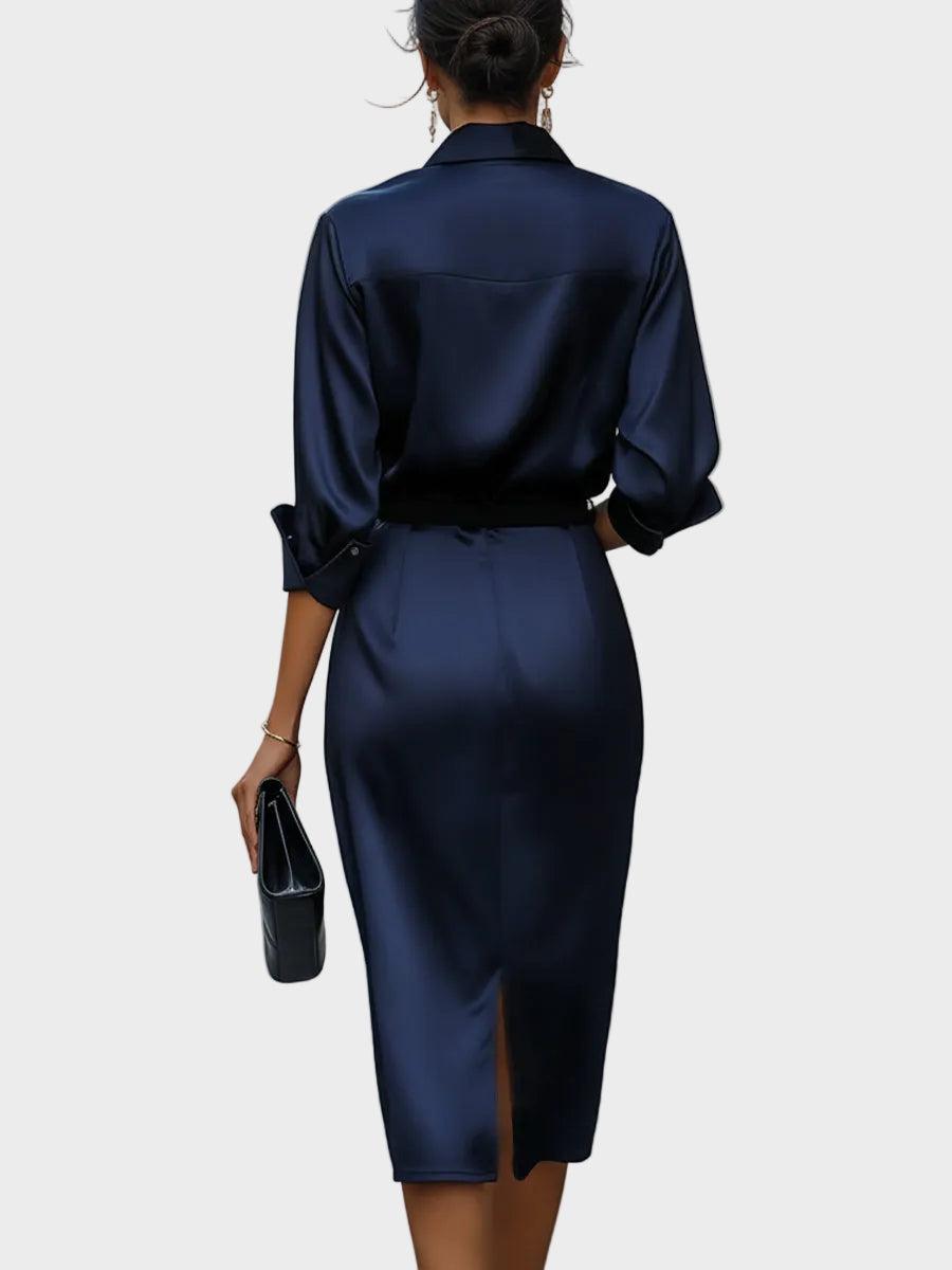 Sophia - Lustrous Draped-Collar Midi Dress