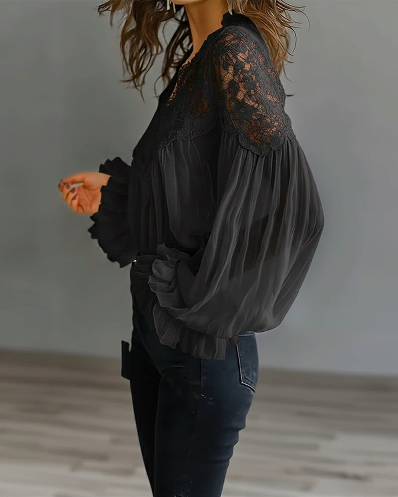 Celinrae - V-Neck Lace Long Sleeve Blouse