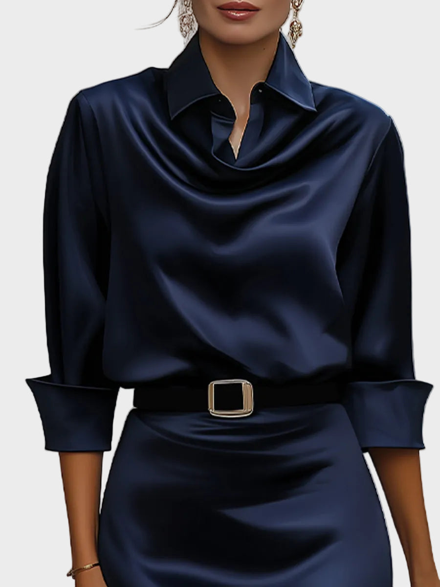 Sophia - Lustrous Draped-Collar Midi Dress