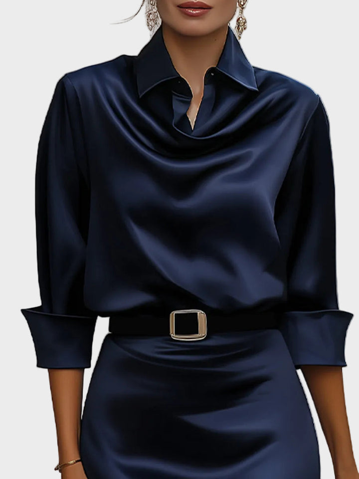 Sophia - Lustrous Draped-Collar Midi Dress