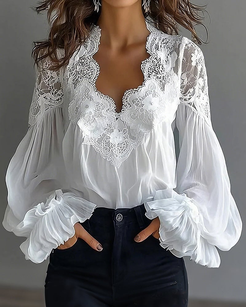 Celinrae - V-Neck Lace Long Sleeve Blouse
