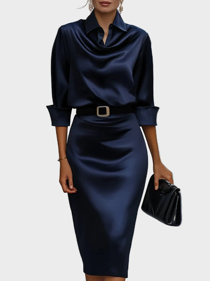 Sophia - Lustrous Draped-Collar Midi Dress