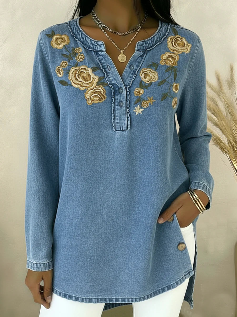 Seyla - Collar Floral Denim Shirt